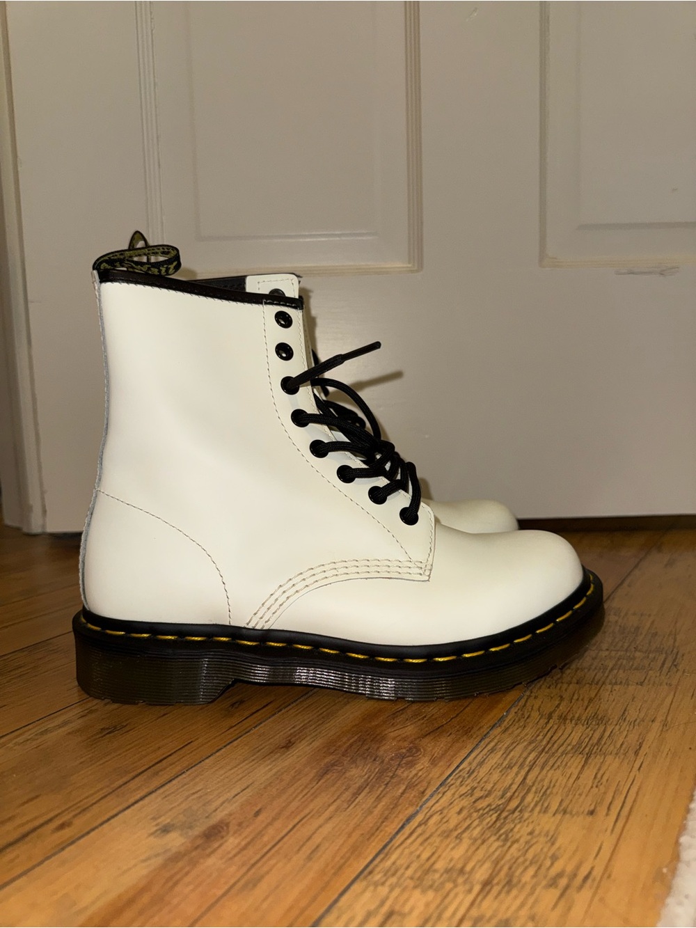 Dr. Martens White Leather Lace-Up Combat Boots with Black Laces